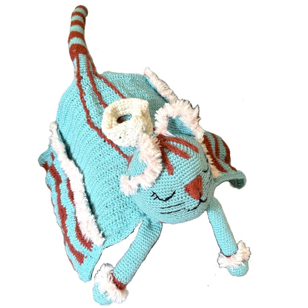 Hand Made Crochet Cat Arm Rest Cover Organizer Pockets Fur Trim Cup Holder Blue